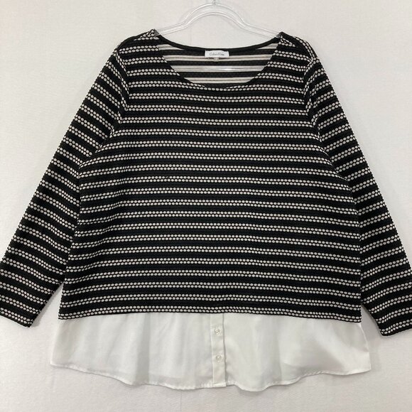 Calvin Klein Top size 2X Black White Striped Mixed Media Preppy Office Popover - Picture 1 of 11